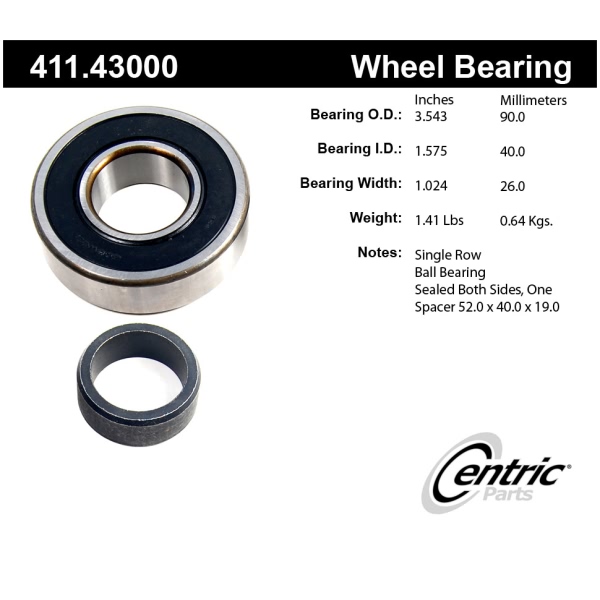 Centric Premium™ Rear Driver Side Single Row Wheel Bearing 411.43000