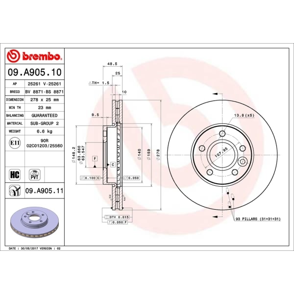 brembo UV Coated Series Front Brake Rotor 09.A905.11