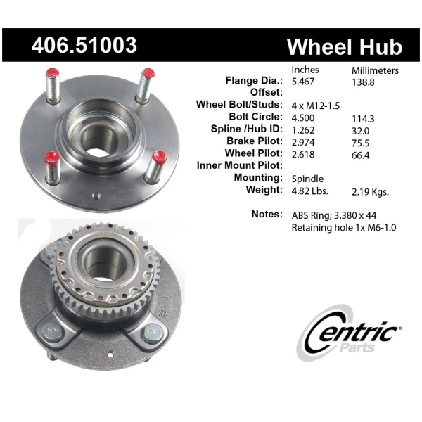 Centric Premium™ Rear Passenger Side Non-Driven Wheel Bearing and Hub Assembly 406.51003