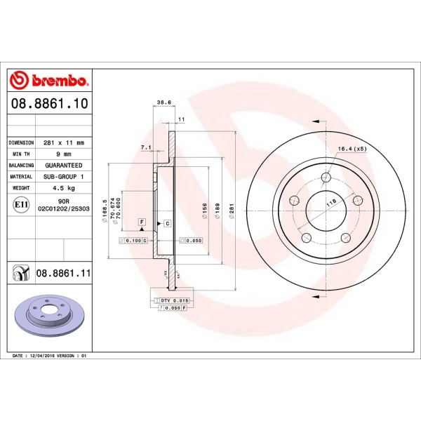 brembo UV Coated Series Solid Rear Brake Rotor 08.8861.11