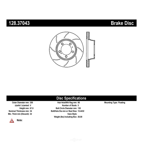 Centric SportStop Drilled 1-Piece Front Passenger Side Brake Rotor 128.37043