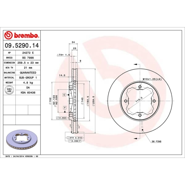 brembo OE Replacement Vented Front Brake Rotor 09.5290.14