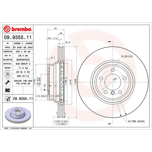 brembo UV Coated Series Vented Front Brake Rotor 09.9355.11