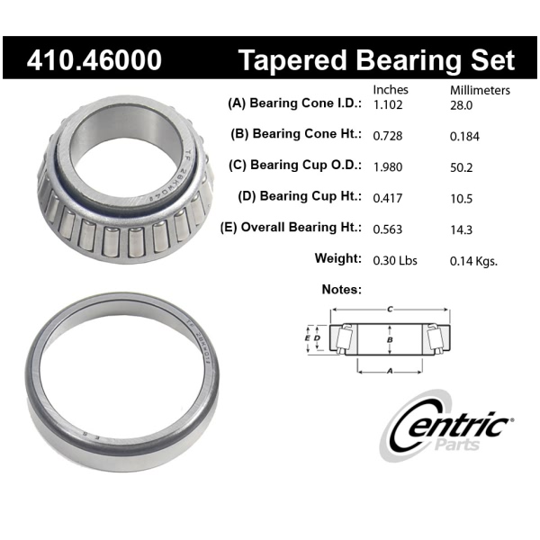 Centric Premium™ Rear Driver Side Inner Wheel Bearing and Race Set 410.46000