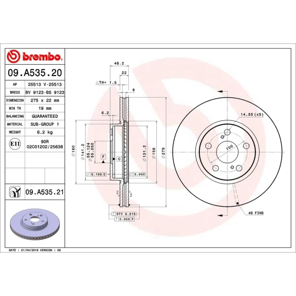 brembo UV Coated Series Vented Front Brake Rotor 09.A535.21
