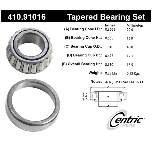 Centric Premium™ Front Passenger Side Outer Wheel Bearing and Race Set 410.91016