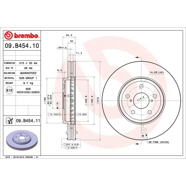 brembo UV Coated Series Vented Front Brake Rotor 09.B454.11