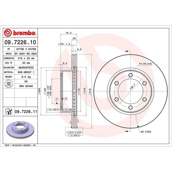 brembo UV Coated Series Vented Front Brake Rotor 09.7226.11