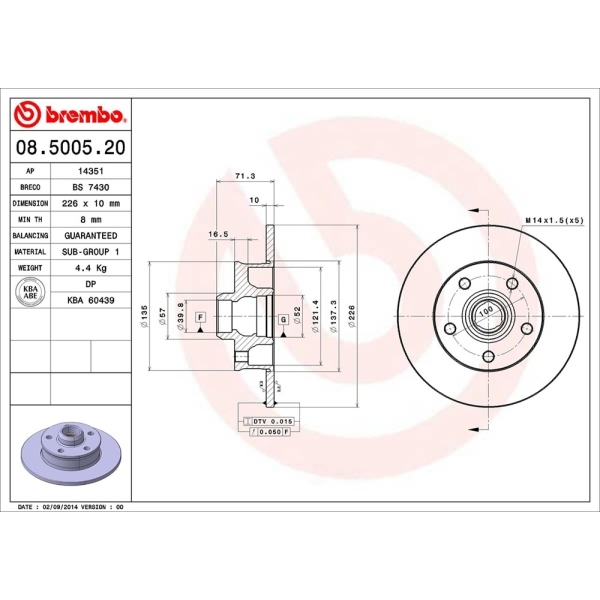 brembo OE Replacement Solid Rear Brake Rotor 08.5005.20