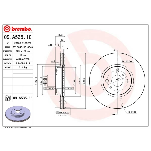 brembo UV Coated Series Vented Front Brake Rotor 09.A535.11