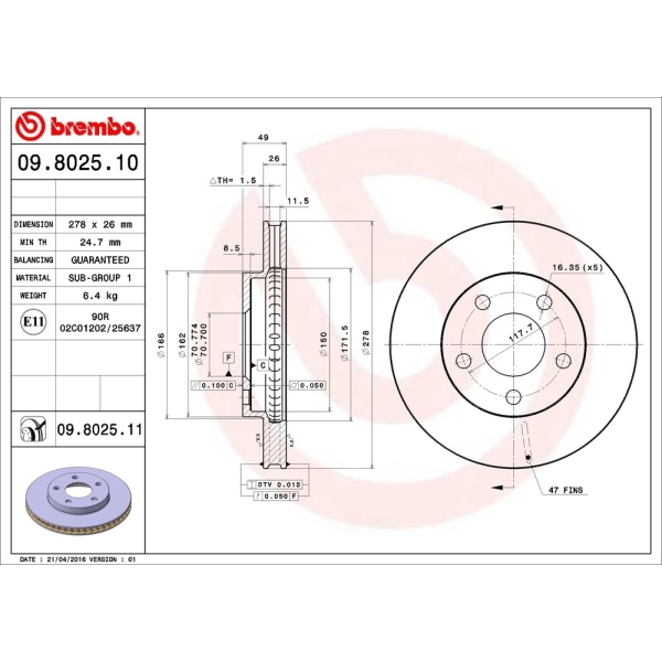 brembo UV Coated Series Vented Front Brake Rotor 09.8025.11