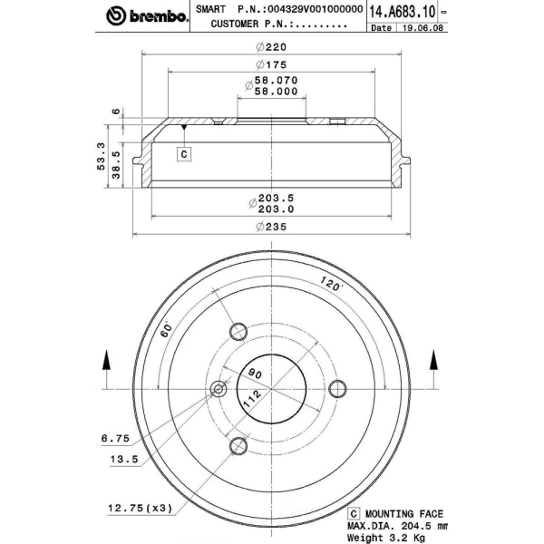 brembo Premium OE Equivalent Rear Brake Drum 14.A683.10