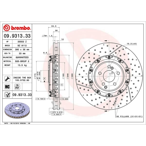 brembo OE Replacement Drilled and Slotted Vented Front Brake Rotor 09.9313.33