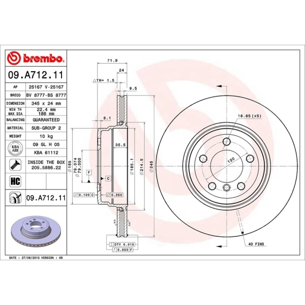 brembo UV Coated Series Vented Rear Brake Rotor 09.A712.11