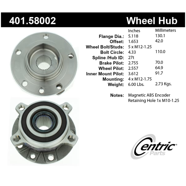 Centric Premium™ Front Driver Side Driven Wheel Bearing and Hub Assembly 401.58002