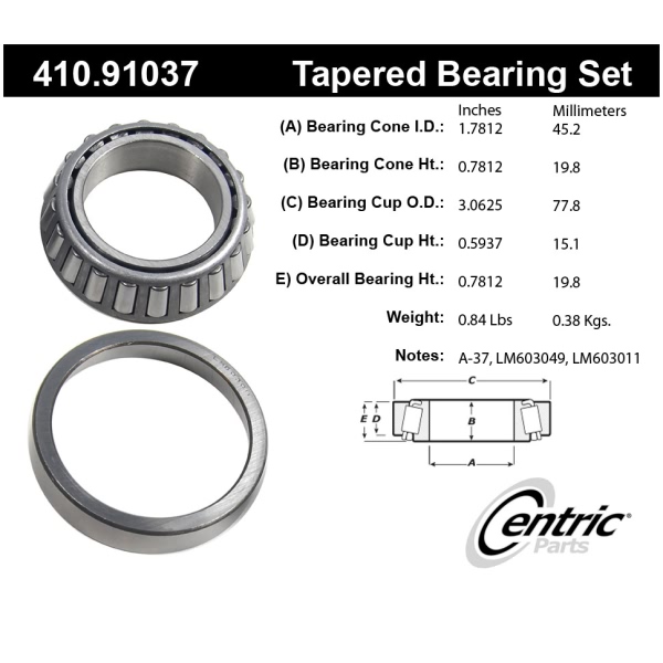 Centric Premium™ Front Passenger Side Inner Wheel Bearing and Race Set 410.91037