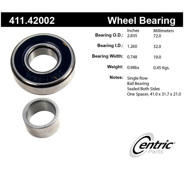 Centric Premium™ Rear Driver Side Single Row Wheel Bearing 411.42002