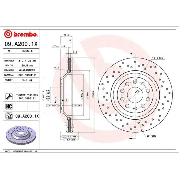 brembo Premium Xtra Cross Drilled UV Coated 1-Piece Rear Brake Rotors 09.A200.1X