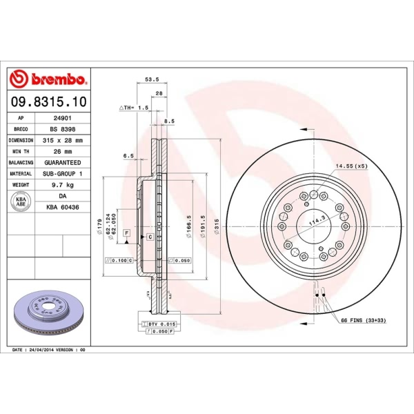 brembo OE Replacement Vented Front Brake Rotor 09.8315.10