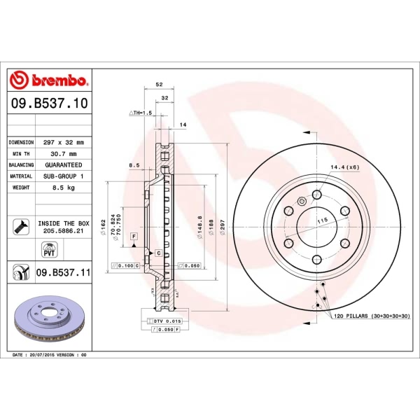 brembo UV Coated Series Vented Front Brake Rotor 09.B537.11