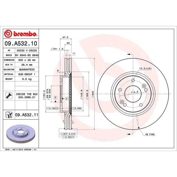 brembo UV Coated Series Vented Front Brake Rotor 09.A532.11