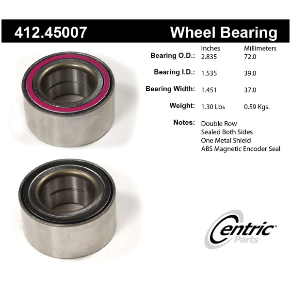 Centric Premium™ Front Passenger Side Double Row Wheel Bearing 412.45007