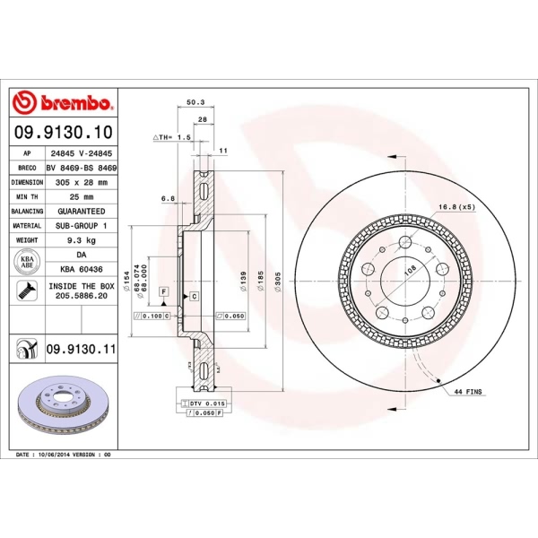 brembo UV Coated Series Vented Front Brake Rotor 09.9130.11