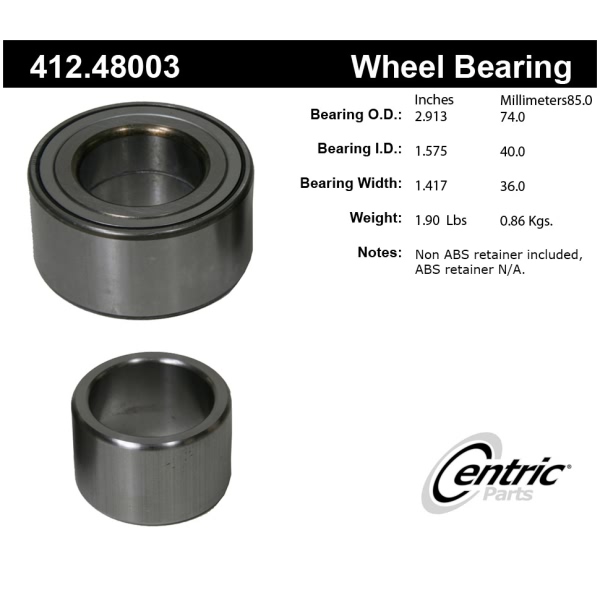 Centric Premium™ Rear Driver Side Double Row Wheel Bearing 412.48003