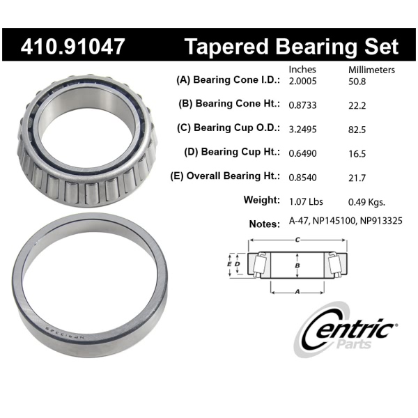 Centric Premium™ Rear Passenger Side Outer Wheel Bearing and Race Set 410.91047