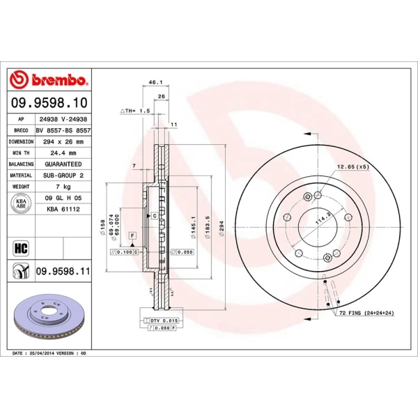 brembo UV Coated Series Vented Front Brake Rotor 09.9598.11