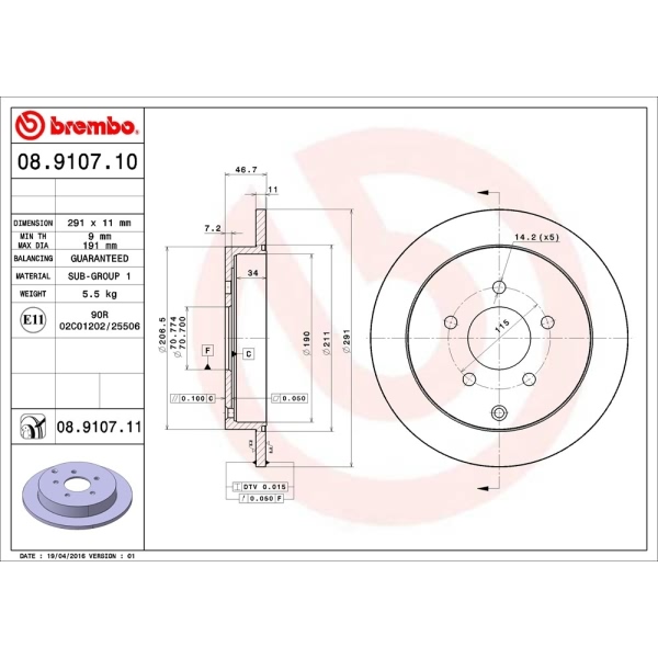 brembo UV Coated Series Solid Rear Brake Rotor 08.9107.11