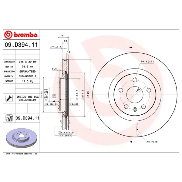 brembo UV Coated Series Vented Front Brake Rotor 09.D394.11