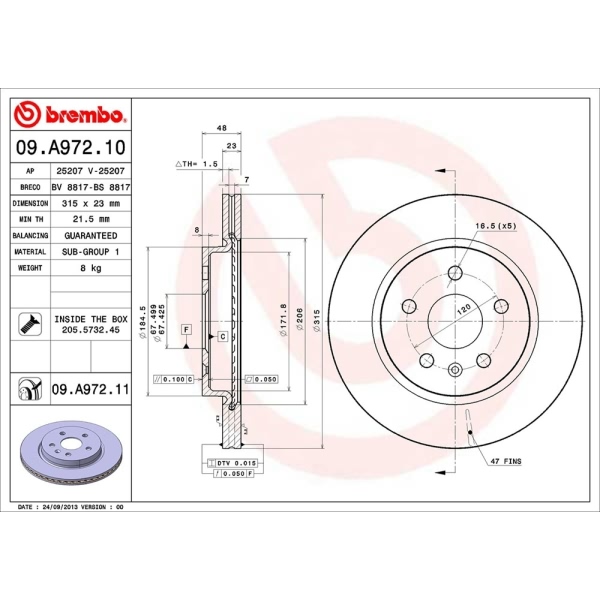 brembo UV Coated Series Vented Rear Brake Rotor 09.A972.11