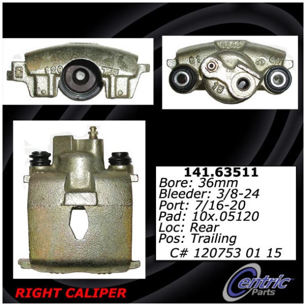 Centric Remanufactured Semi-Loaded Rear Passenger Side Brake Caliper 141.63511