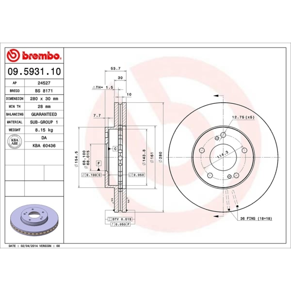 brembo OE Replacement Vented Front Brake Rotor 09.5931.10