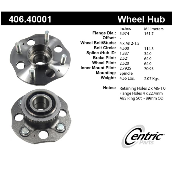 Centric Premium™ Rear Driver Side Non-Driven Wheel Bearing and Hub Assembly 406.40001