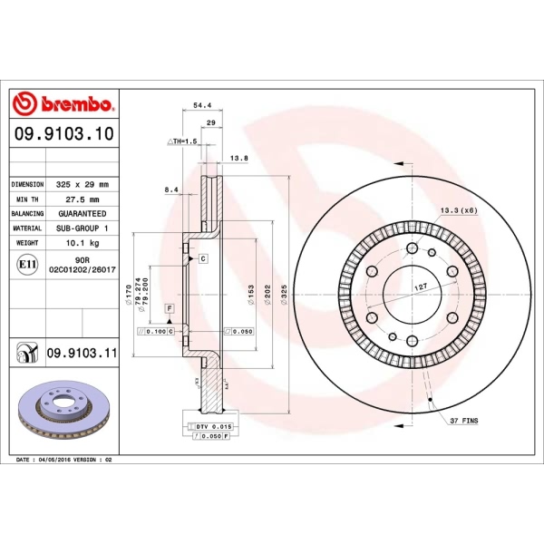 brembo UV Coated Series Vented Front Brake Rotor 09.9103.11