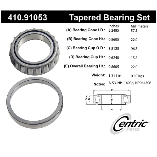 Centric Premium™ Rear Driver Side Inner Wheel Bearing and Race Set 410.91053