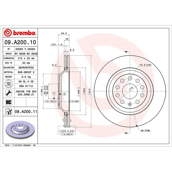 brembo UV Coated Series Vented Rear Brake Rotor 09.A200.11