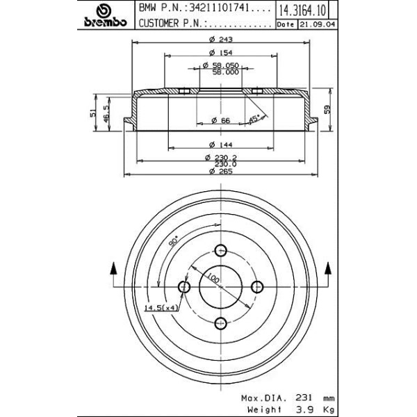 brembo Premium OE Equivalent Rear Brake Drum 14.3164.10