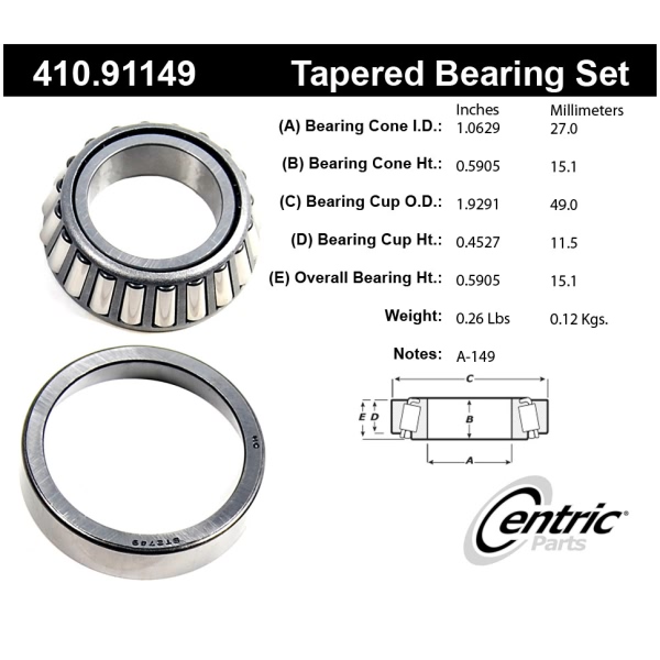 Centric Premium™ Rear Passenger Side Inner Wheel Bearing and Race Set 410.91149