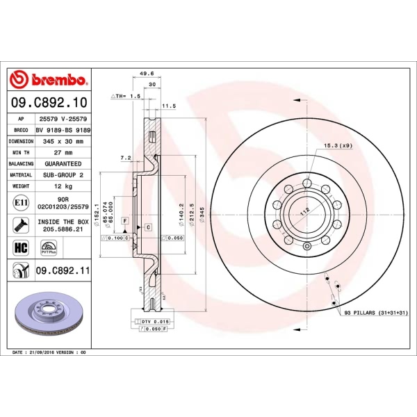 brembo UV Coated Series Vented Front Brake Rotor 09.C892.11