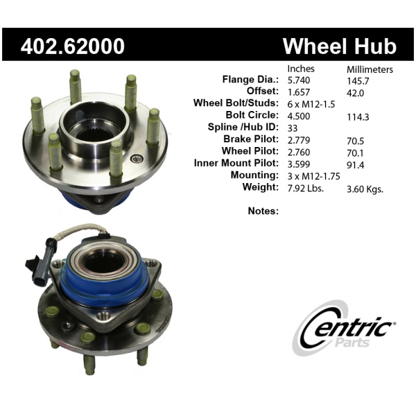 Centric Premium™ Rear Passenger Side Driven Wheel Bearing and Hub Assembly 402.62000