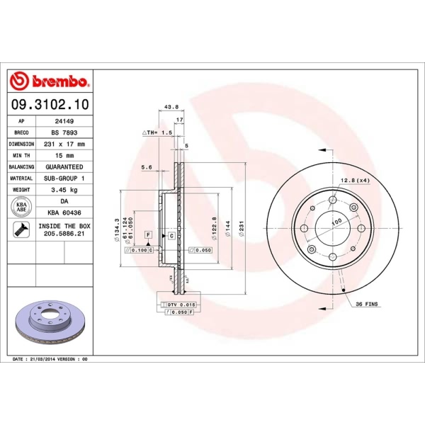 brembo OE Replacement Vented Front Brake Rotor 09.3102.10