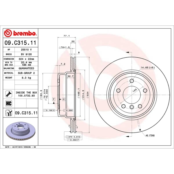 brembo UV Coated Series Vented Rear Brake Rotor 09.C315.11