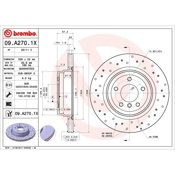 brembo Premium Xtra Cross Drilled UV Coated 1-Piece Rear Brake Rotors 09.A270.1X