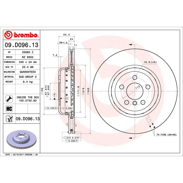 brembo OE Replacement Vented Rear Brake Rotor 09.D096.13