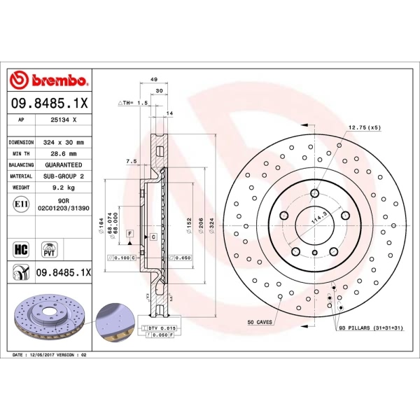 brembo Premium Xtra Cross Drilled UV Coated 1-Piece Front Brake Rotors 09.8485.1X