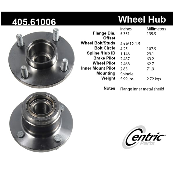 Centric Premium™ Rear Passenger Side Non-Driven Wheel Bearing and Hub Assembly 405.61006
