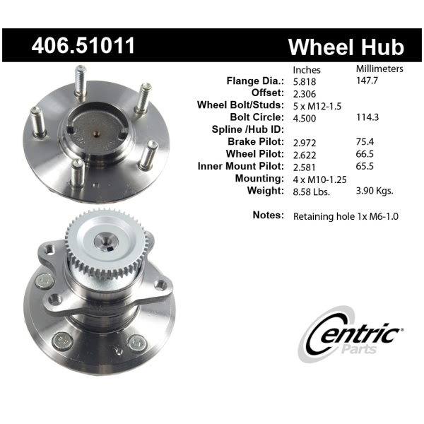 Centric Premium™ Rear Driver Side Non-Driven Wheel Bearing and Hub Assembly 406.51011